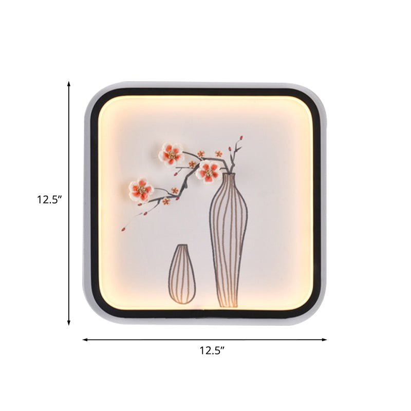 Asia Plum Flower Vase Ceramic Mural Light LED Wall Mount Lamp with Black Square Frame