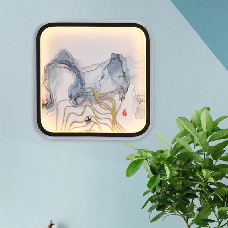 Metal Riverside Mountain Mural Lighting Chinese Style Square LED Flush Mount Wall Light in Black
