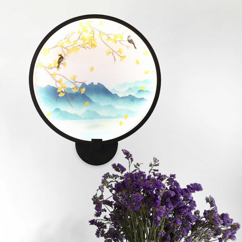 Acrylic Ginkgo/Blooming Plum Wall Sconce Chinese Style LED Mural Light Fixture in Black for Bedroom