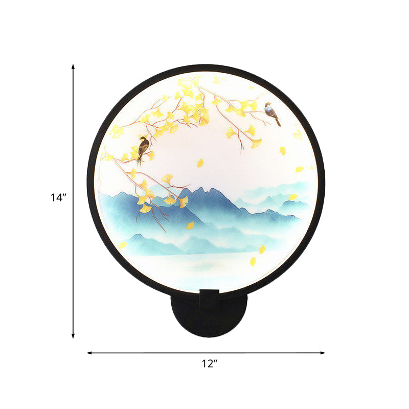 Acrylic Ginkgo/Blooming Plum Wall Sconce Chinese Style LED Mural Light Fixture in Black for Bedroom