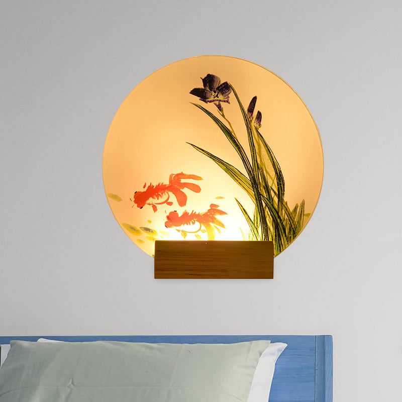 Goldfish/Boat Bedside Mural Lamp Acrylic Asian LED Disc Wall Light Sconce with Wooden Arm
