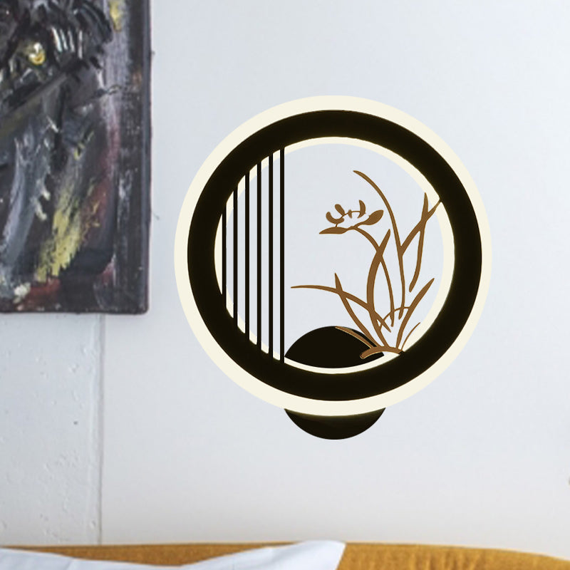 Chrysanths/Orchid Flower LED Mural Light Chinese Acrylic Living Room Hoop Wall Lighting Fixture in Black