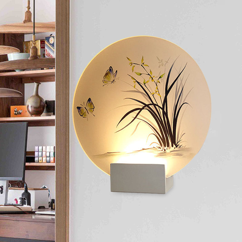 Moon Shaped Acrylic Wall Mount Lighting Asian White LED Mural Lamp with Butterfly and Orchid Pattern