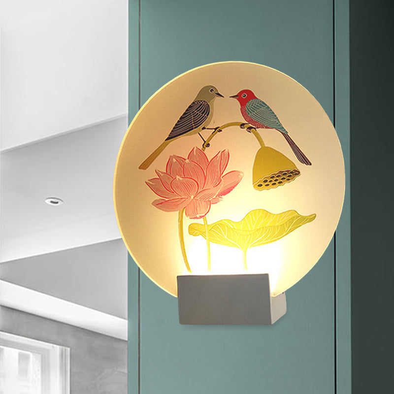 Asia Lovebird and Lotus Mural Lamp Acrylic Bedroom LED Wall Mounted Lighting in White