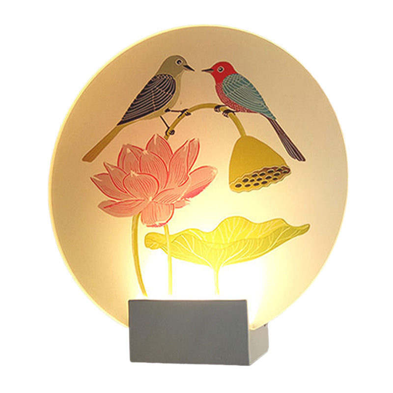 Asia Lovebird and Lotus Mural Lamp Acrylic Bedroom LED Wall Mounted Lighting in White