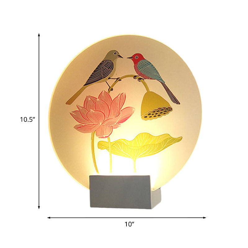 Asia Lovebird and Lotus Mural Lamp Acrylic Bedroom LED Wall Mounted Lighting in White
