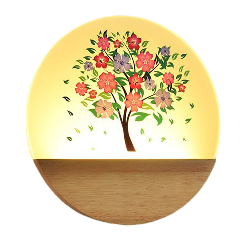 Nordic LED Wall Light Wood Tree and Animal/Flowering Tree Print Mural Light Fixture with Acrylic Shade