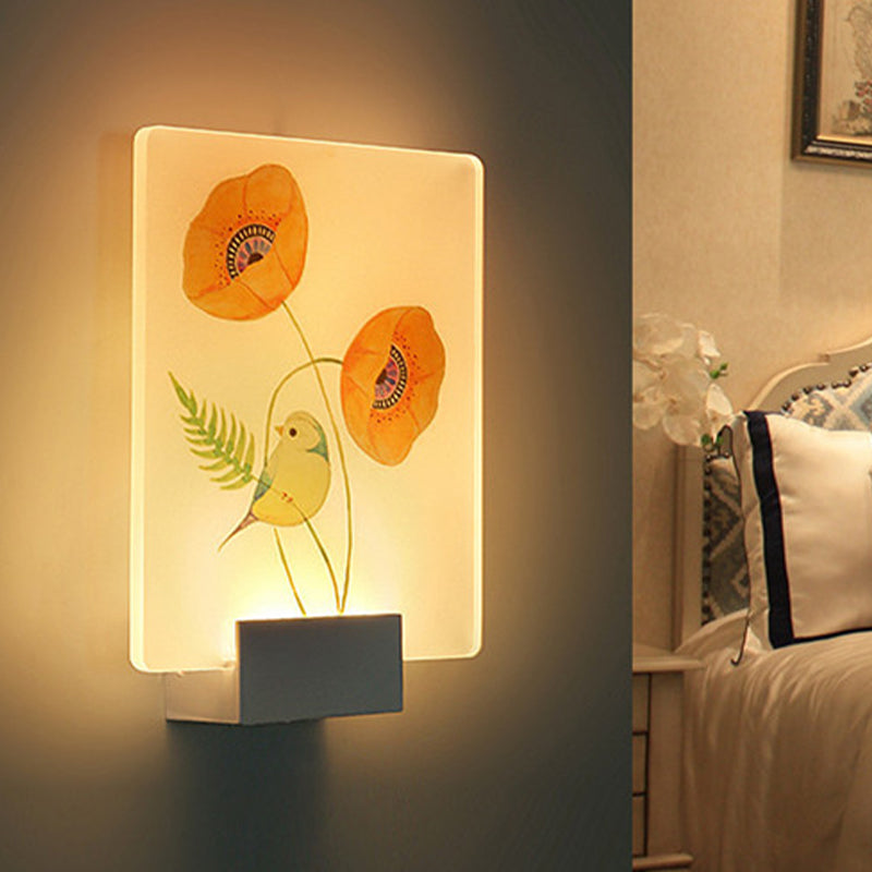 Éclairage mural à LED d'angle Lampe murale blanche moderne avec une teinte acrylique à motifs de fleurs / oiseaux