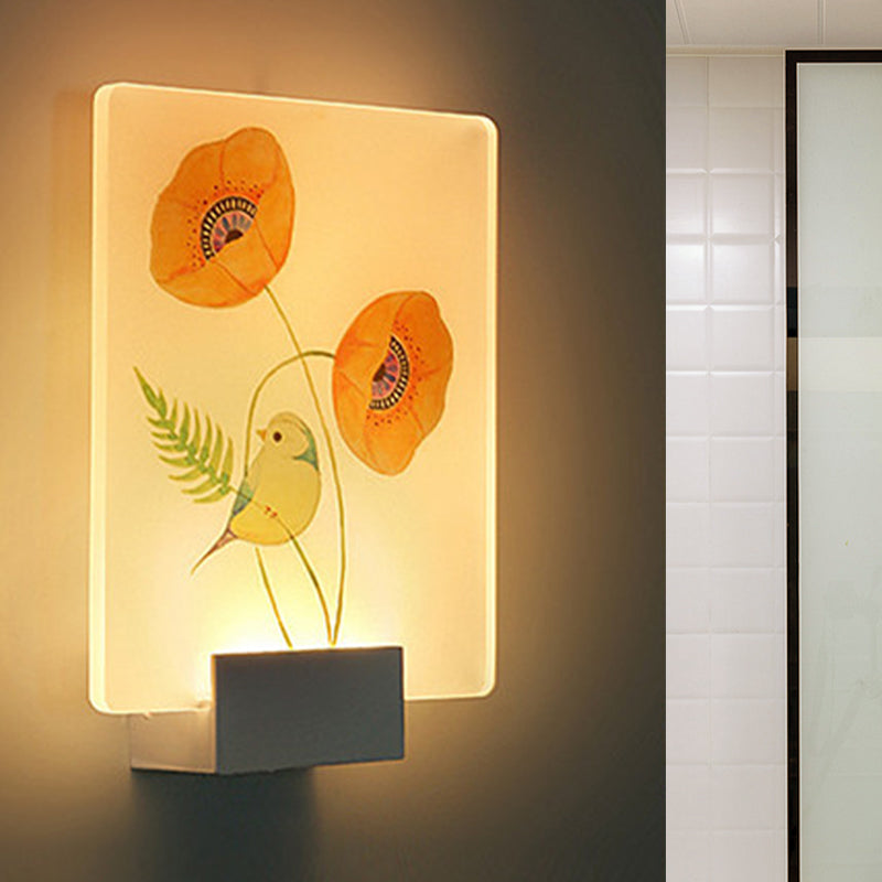 Éclairage mural à LED d'angle Lampe murale blanche moderne avec une teinte acrylique à motifs de fleurs / oiseaux