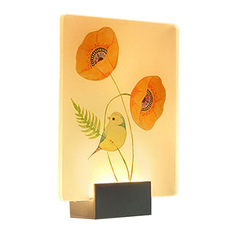 Éclairage mural à LED d'angle Lampe murale blanche moderne avec une teinte acrylique à motifs de fleurs / oiseaux