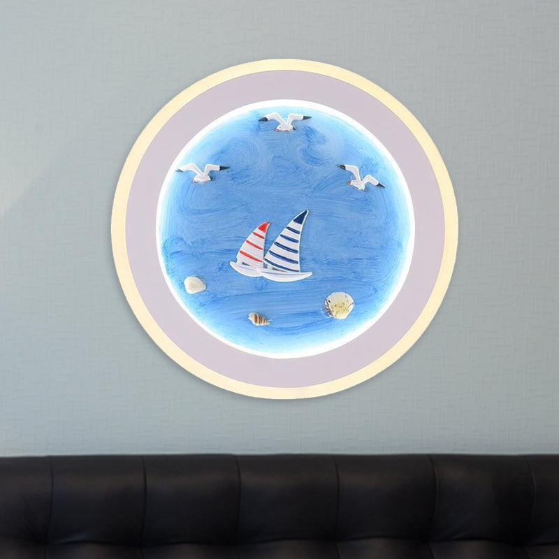 Nautical Striped Sailing Ship Mural Light Acrylic Kids Room LED Round Wall Lamp in Blue