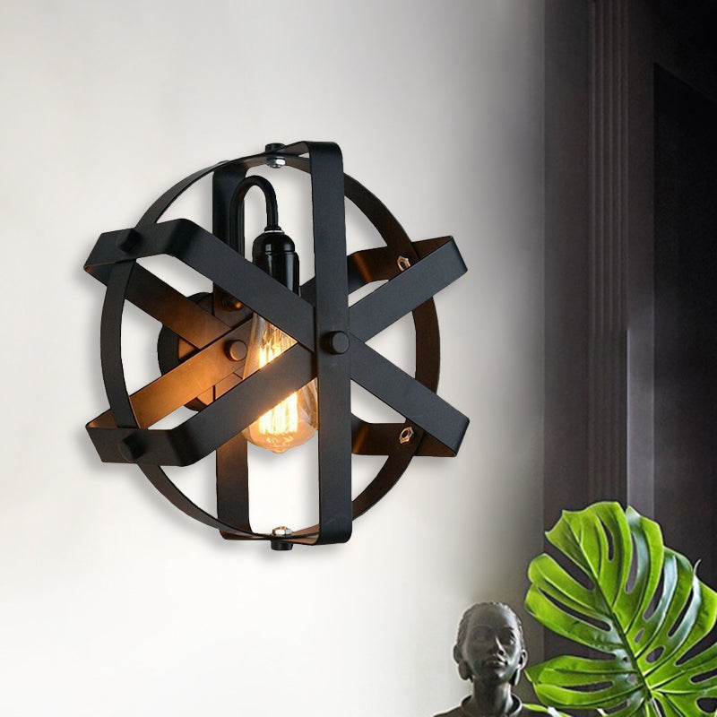 Metallic Black Wall Mount Light Round Shade 1 Light Industrial Style Sconce Lighting with Gear Design