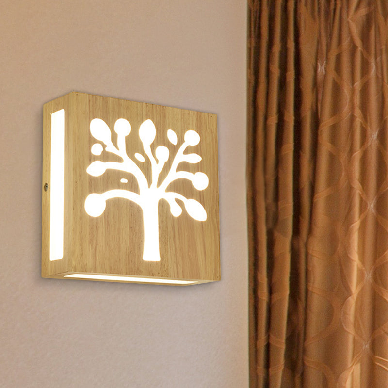Houten vierkante muurlicht met schattig patroon moderne ledwand sconce in beige voor het bedzijde