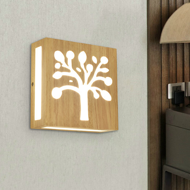 Wood Square Wall Light with Cute Pattern Modern LED Wall Sconce in Beige for Bedside