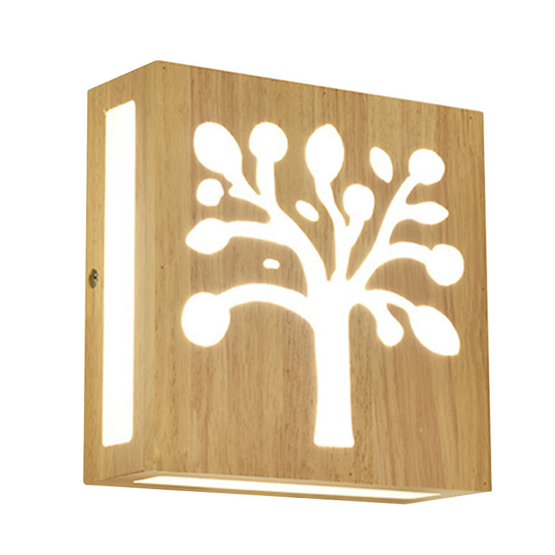 Wood Square Wall Light with Cute Pattern Modern LED Wall Sconce in Beige for Bedside