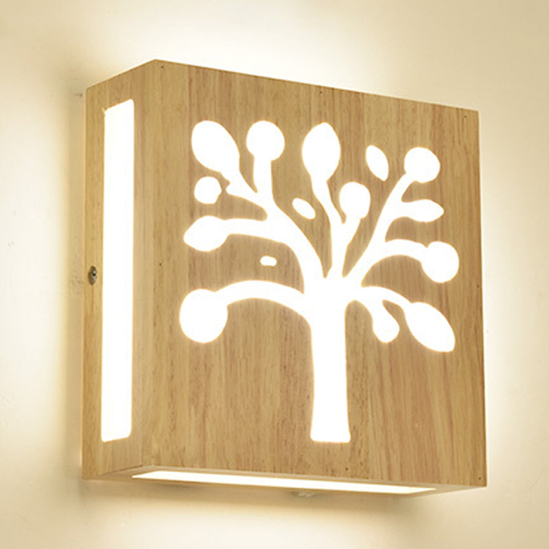Wood Square Wall Light with Cute Pattern Modern LED Wall Sconce in Beige for Bedside