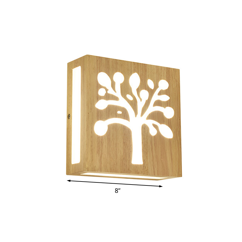 Wood Square Wall Light with Cute Pattern Modern LED Wall Sconce in Beige for Bedside