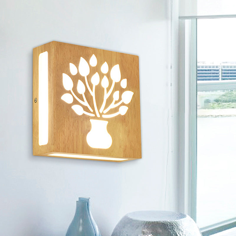 Wood Square Wall Light with Cute Pattern Modern LED Wall Sconce in Beige for Bedside
