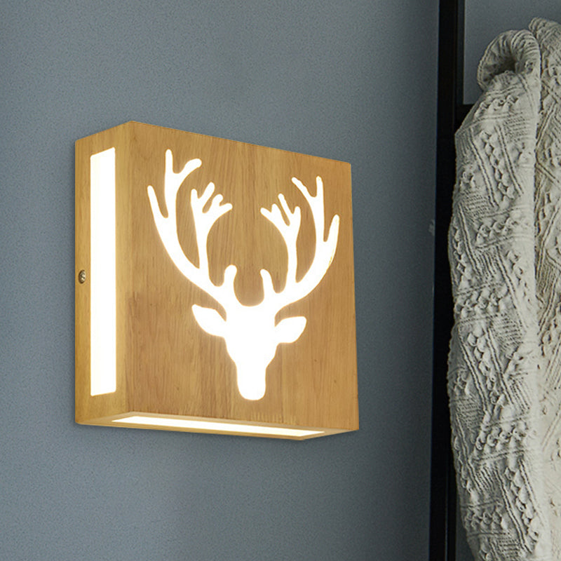 Wood Square Wall Light with Cute Pattern Modern LED Wall Sconce in Beige for Bedside