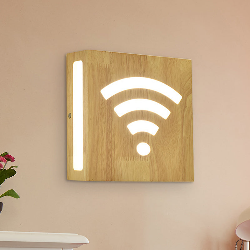 Wood Square Wall Light with Cute Pattern Modern LED Wall Sconce in Beige for Bedside