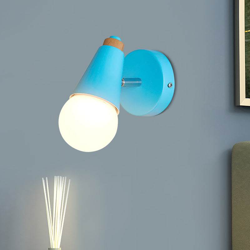 Macaron Loft Sweet Cone Wall Light with Metal/Wood Backplate Rotatable Single Light Wall Lamp in Blue/Green/Pink for Corridor