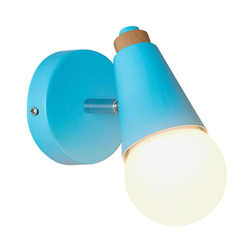 Macaron Loft Sweet Cone Wall Light with Metal/Wood Backplate Rotatable Single Light Wall Lamp in Blue/Green/Pink for Corridor