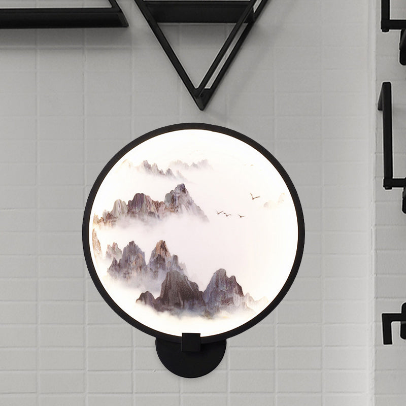 Misty Mountain/Lake Metal Mural Lighting Asia Black LED Hoop Wall Mount Lamp for Bedroom Decor