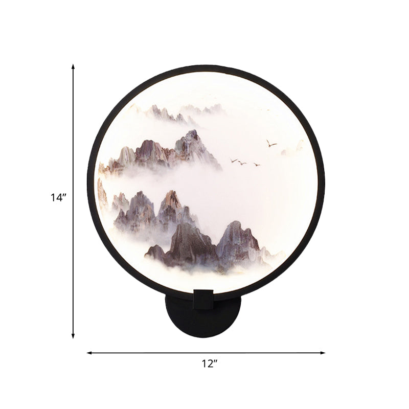 Misty Mountain/Lake Metal Mural Lighting Asia Black LED Hoop Wall Mount Lamp for Bedroom Decor