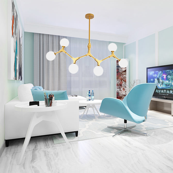 Ast Hanging Lampe moderne nordische Stil Opalglas 5/6/7 Lichter Gold Kronleuchter Licht