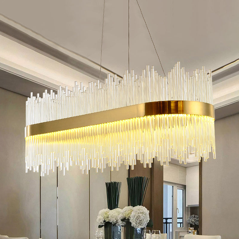 Contemporary Ceiling Pendant Light with Crystal Shade Gold Linear LED Chandelier Lamp for Dining Room, 31.5"/39" Long