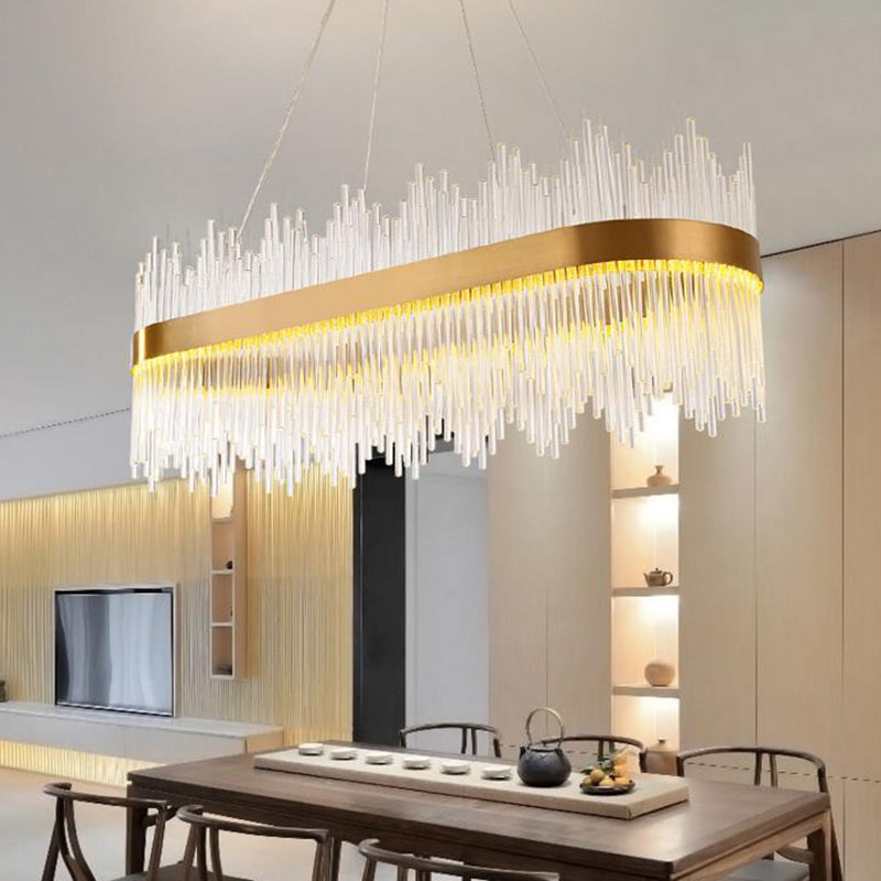 Contemporary Ceiling Pendant Light with Crystal Shade Gold Linear LED Chandelier Lamp for Dining Room, 31.5"/39" Long