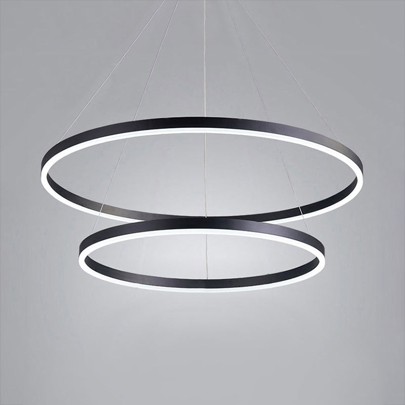 1/2/3-Ring Living Room Ceiling Light Black Chandelier with Acrylic Shade in Warm/White Light