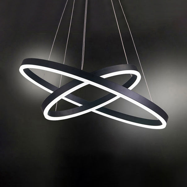 1/2/3-Ring Living Room Ceiling Light Black Chandelier with Acrylic Shade in Warm/White Light