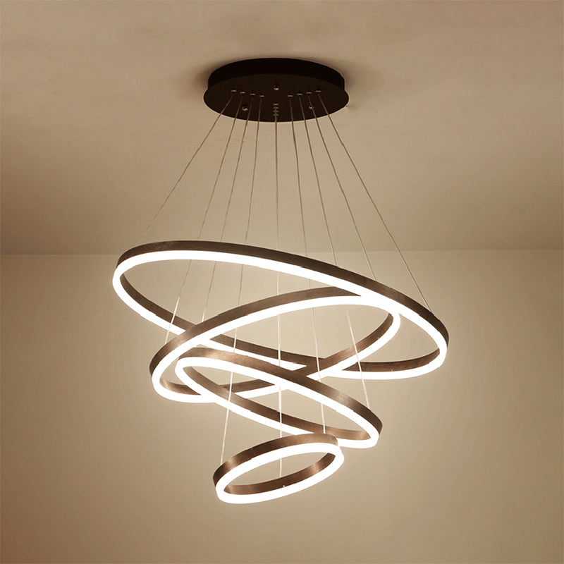 1/2/3-Ring Living Room Ceiling Light Black Chandelier with Acrylic Shade in Warm/White Light