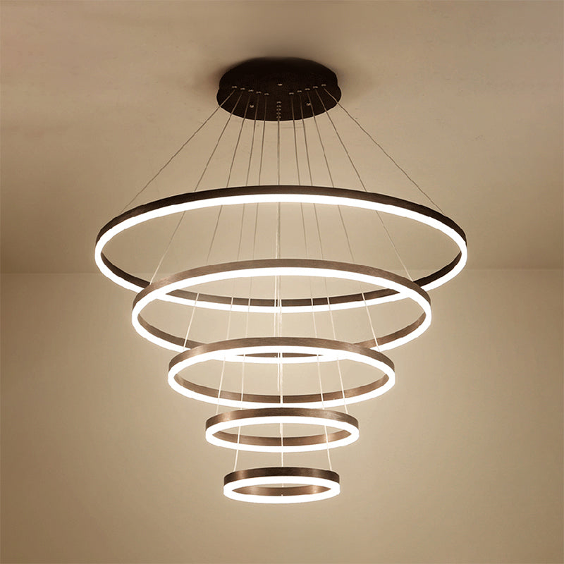 1/2/3-Ring Living Room Ceiling Light Black Chandelier with Acrylic Shade in Warm/White Light