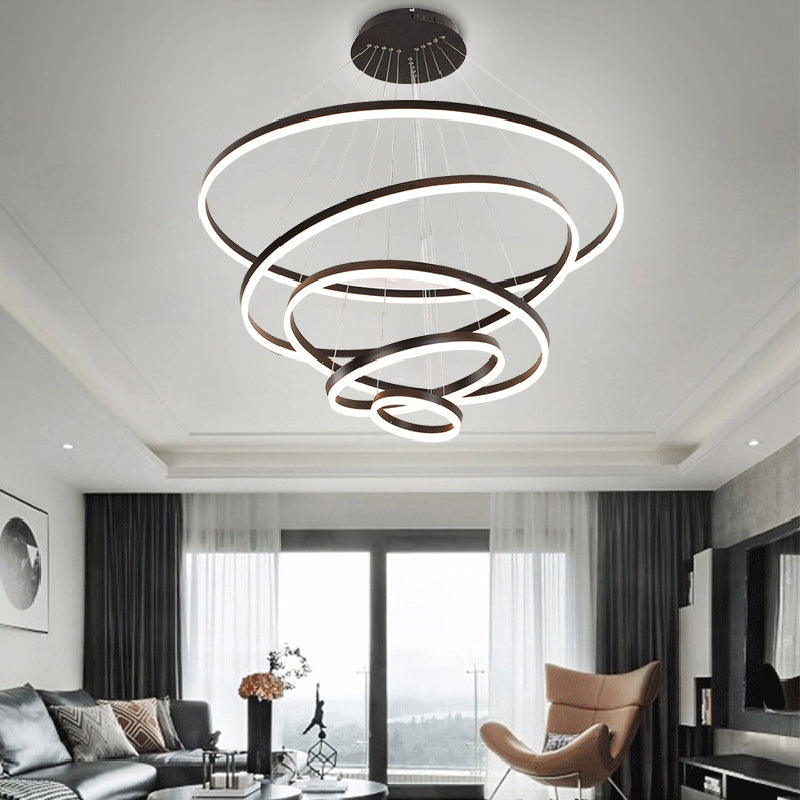 1/2/3-Ring Living Room Ceiling Light Black Chandelier with Acrylic Shade in Warm/White Light