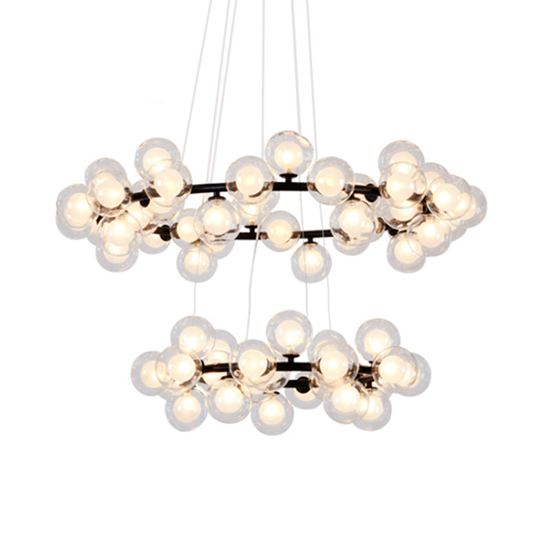 Lámpara de araña de burbujas Lámpara de vidrio transparente contemporáneo 2/3 niveles Lámpara de colgación de acabado negro con anillo de metal para sala de estar