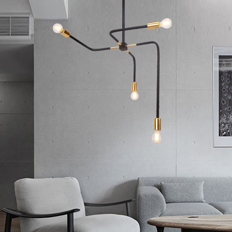 4 Curved Arms Ceiling Lamp Postmodern Metal Bare Bulbs Black Hanging Chandelier Light for Living Room