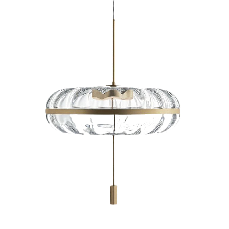 Clear Ribbed Glass Doughnut Pendant Post-Modern 1 Head Brass Hanging Light Fixture over Table