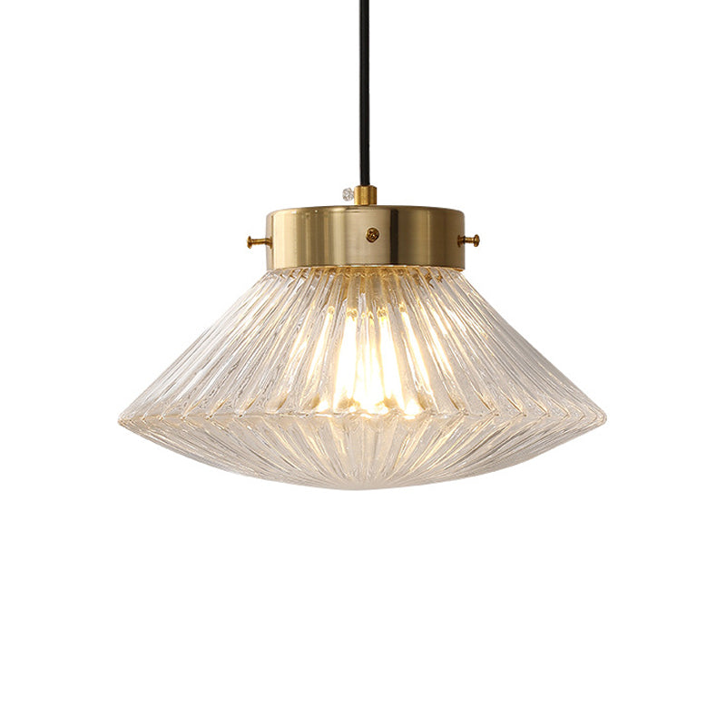 Postmodern 1 Head Drop Pendant Brass Conical Hanging Light Fixture with Clear Ribbed Glass Shade