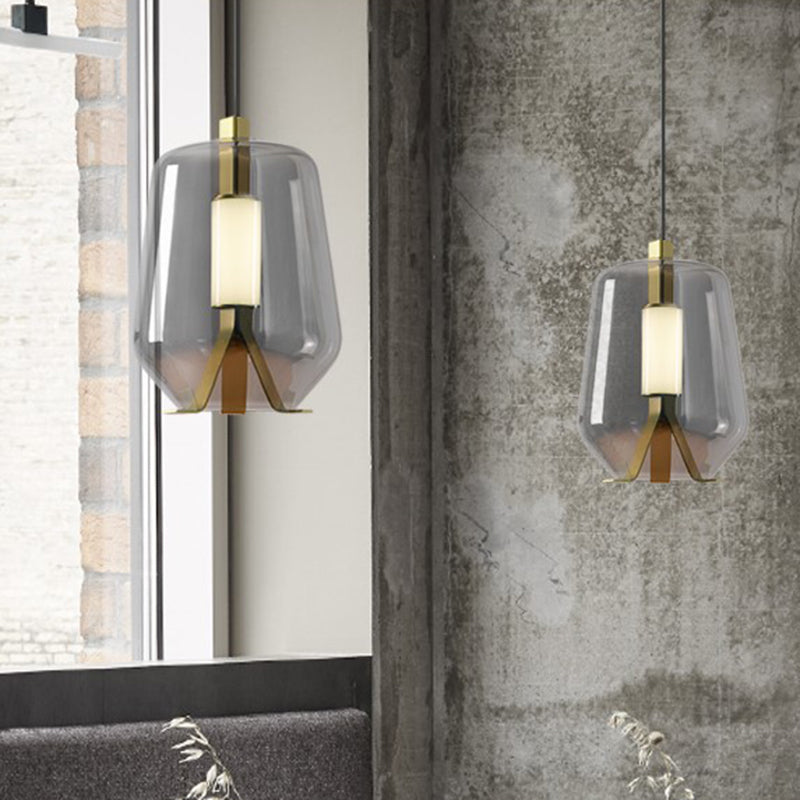 Dining Table LED Pendant Lighting Postmodern Brass Hanging Light with Bottle Smoke Grey/Cognac Glass Shade