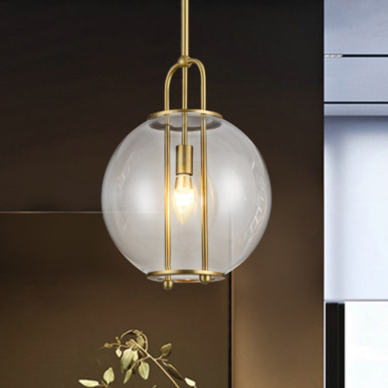 Postmodern Globe Clear Glass Hanging Lamp 1-Light Ceiling Pendant in Brass for Bedside
