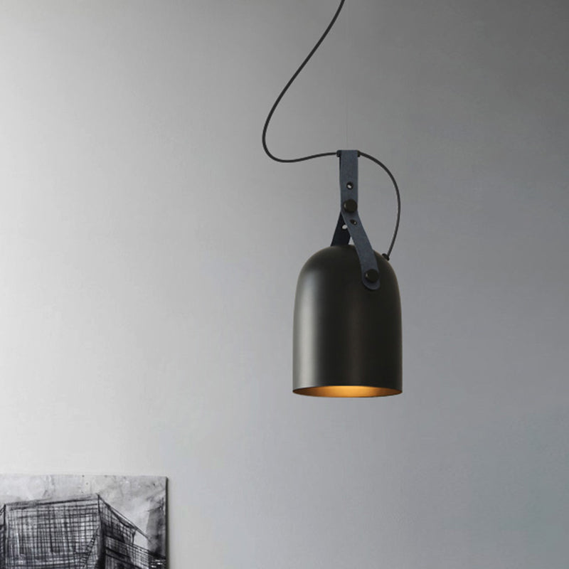 7"/9.5" Dia 1 Light Dome Hanging Lamp Industrial Style Black/Silver/Copper Metal Pendant Lighting with Leather Strap