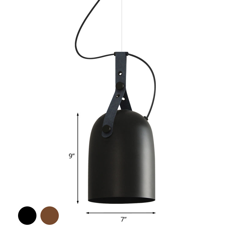 7"/9.5" Dia 1 Light Dome Hanging Lamp Industrial Style Black/Silver/Copper Metal Pendant Lighting with Leather Strap