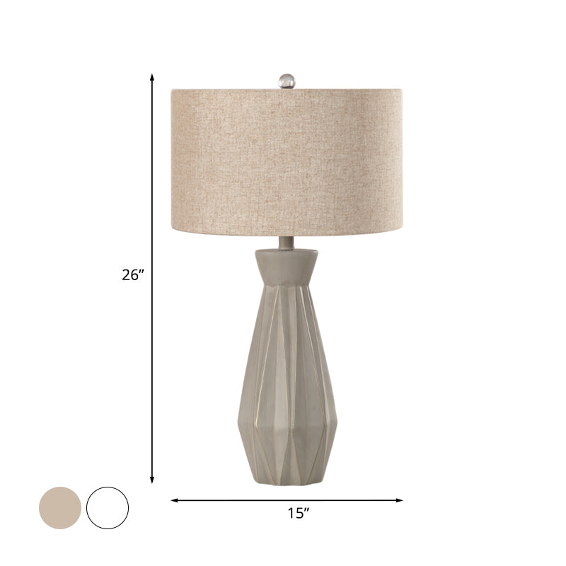 Beige/White 1 cabeza de noche Lámpara de mesa de tela rústica de tambor de tambor luz de noche para la cama