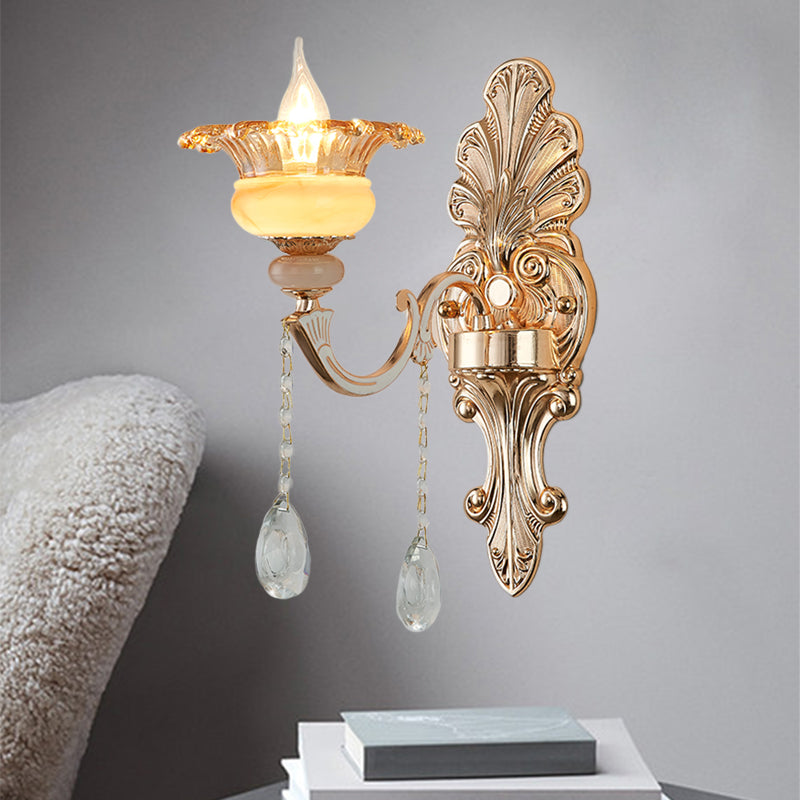 1/2-Head Wall Sconce Mid-Century Floral Crystal Wall Lighting Idea in Gold for Bedside