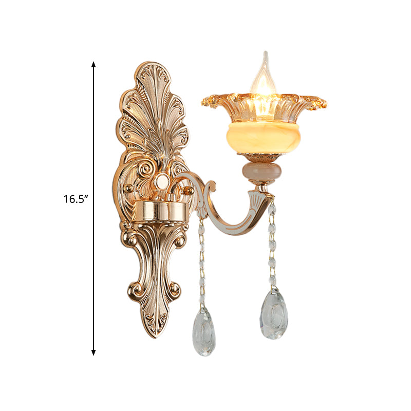 1/2-Head Wall Sconce Mid-Century Floral Crystal Wall Lighting Idea in Gold for Bedside