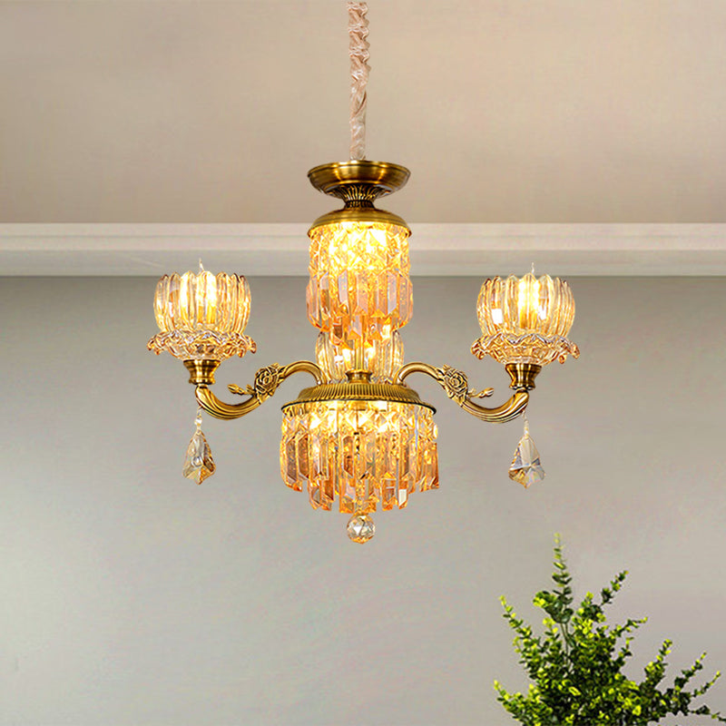 Chandelier de plafond floral du milieu du siècle 3 têtes de pendule de cristal ambre lumière en laiton