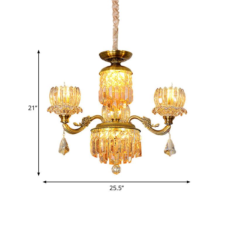 Mid Century Floral Ceiling Chandelier 3 Heads Amber Crystal Pendulum Light in Brass