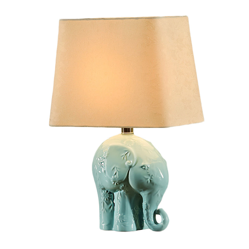 Ceramic Elephant Table Stand Lamp Farmhouse 1 Bulb Living Room Night Light in Blue with Trapezoid Fabric Shade